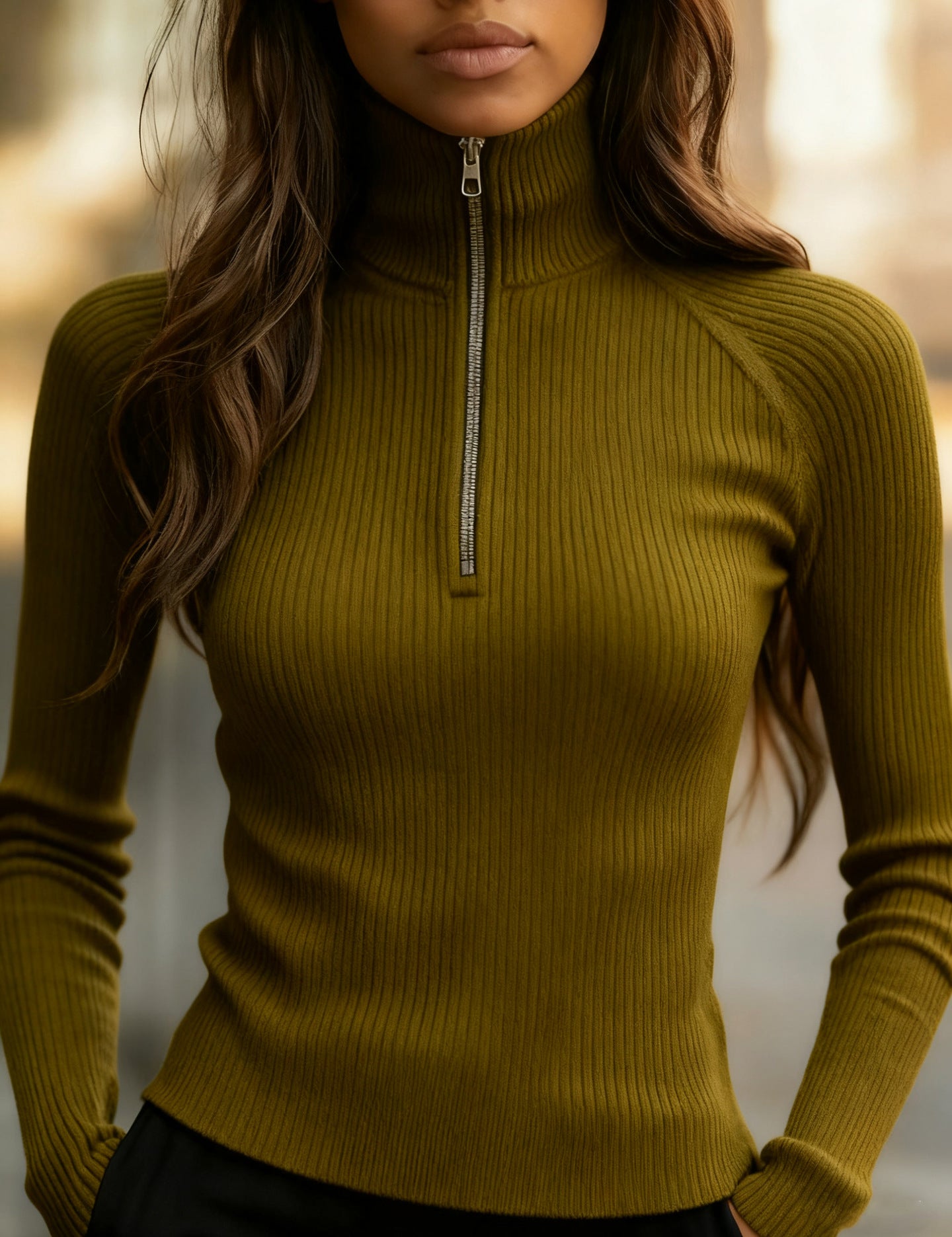 Cecily Wilson | Ribbed Knit Zip Mock Neck Top For Women