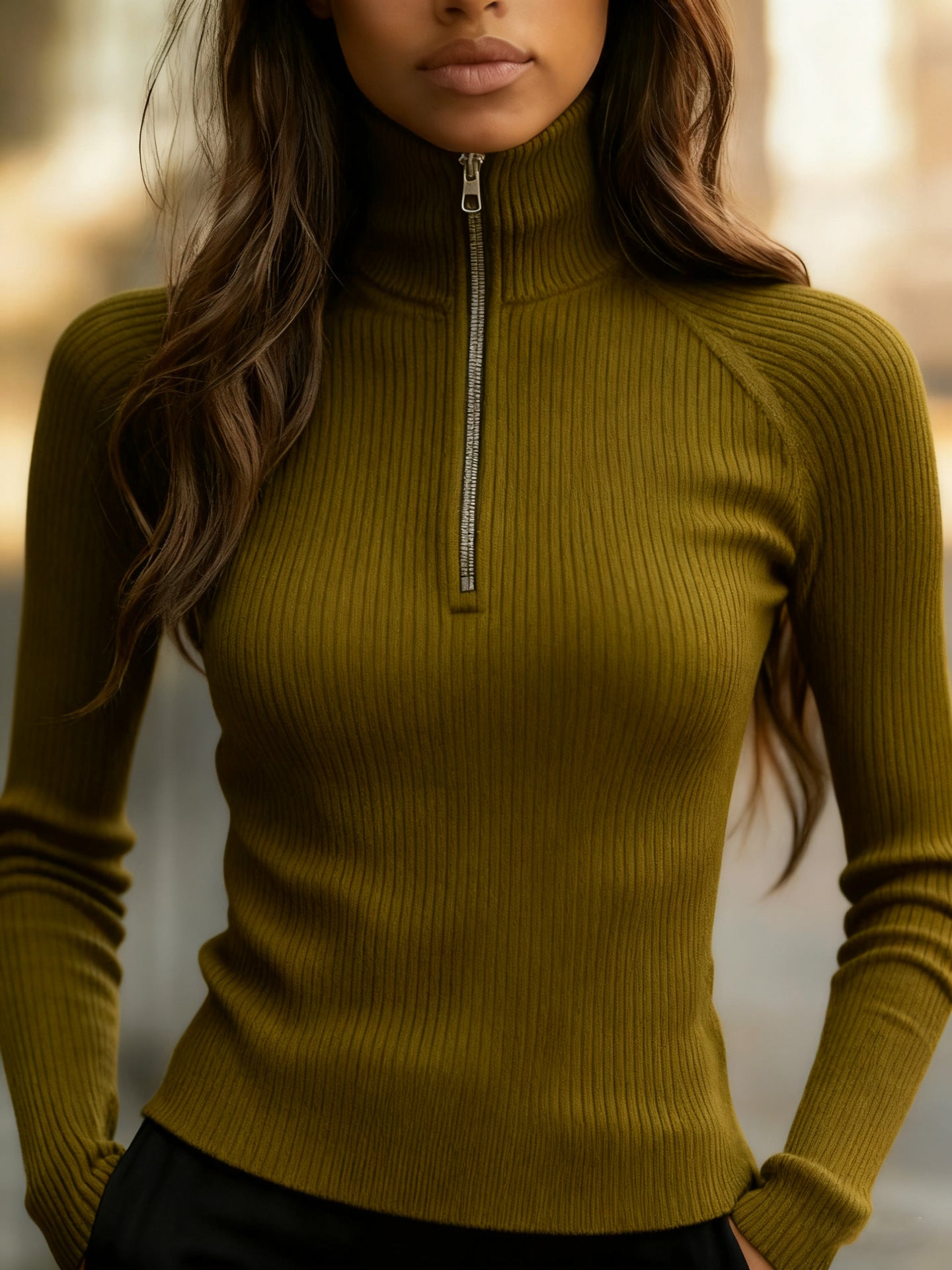 Cecily Wilson | Ribbed Knit Zip Mock Neck Top For Women