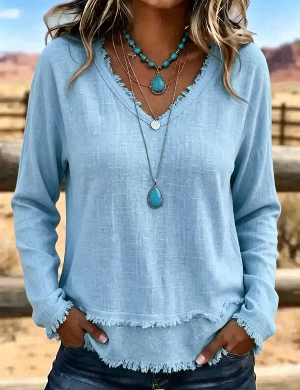 Susannah Fairweather | Pink Frayed-Edge V-Neck Top