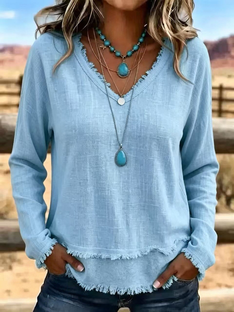 Susannah Fairweather | Pink Frayed-Edge V-Neck Top