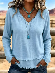 Susannah Fairweather | Pink Frayed-Edge V-Neck Top