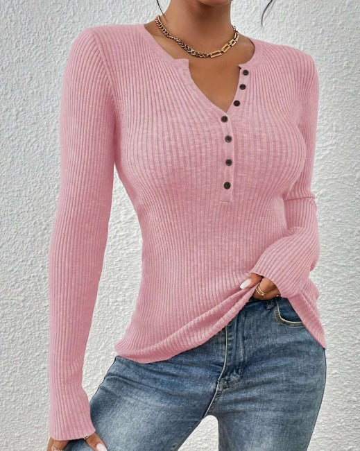 Phoebe Walker | Pink Ribbed Knit Button-Front Sweater