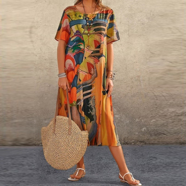 Daisy Morgan | Abstract Print Midi Dress with Short Sleeves