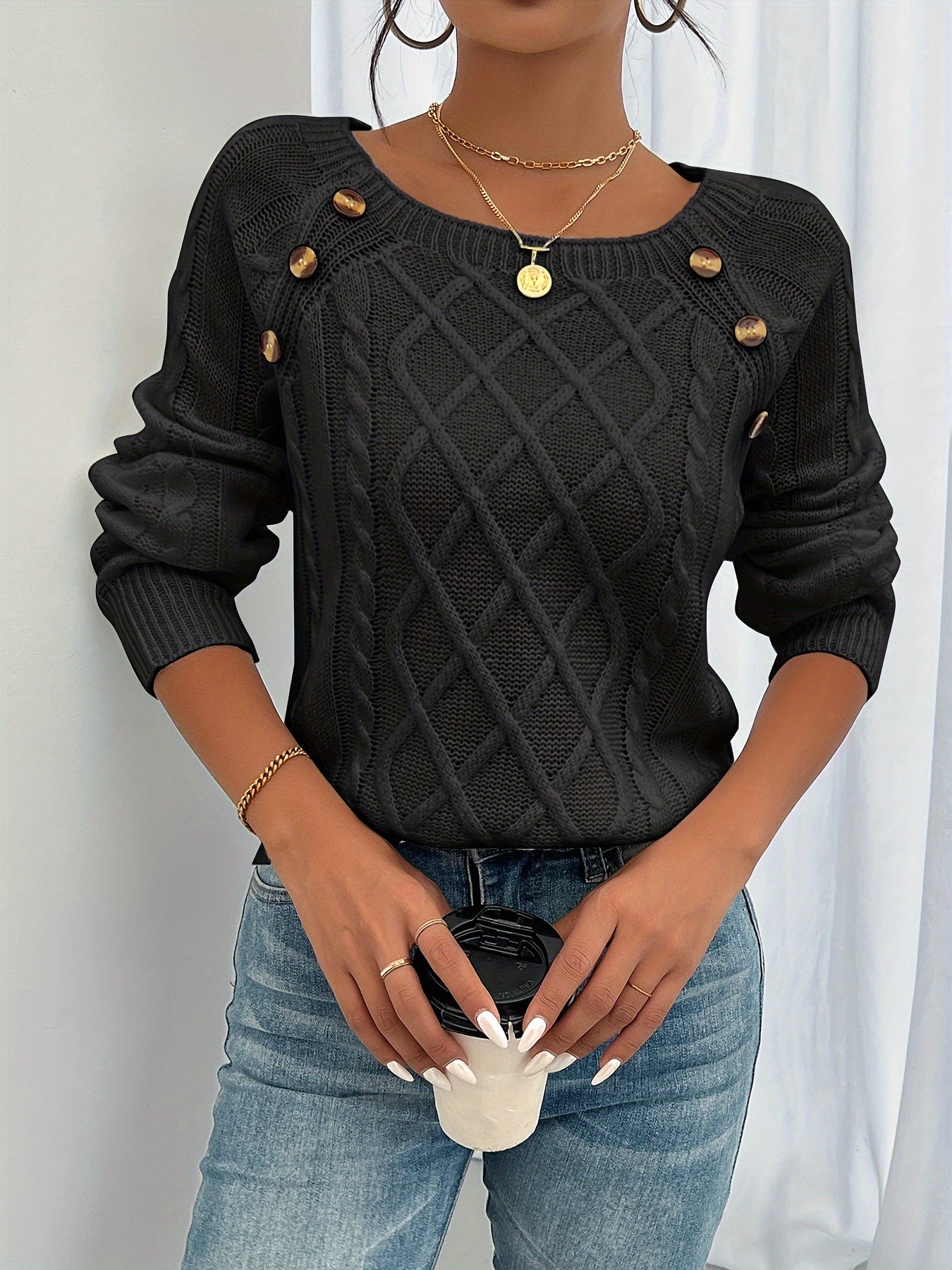 Georgina Lewis | Textured Cable Knit Button Sweater