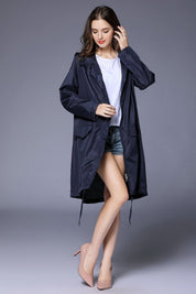 Phoebe Clarke | Navy Hooded Longline Raincoat with Drawstring Hem