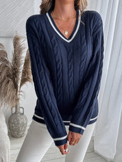 Lydia Campbell | Navy Cable Knit V-Neck Sweater