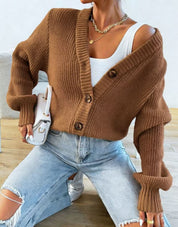 Orla Brown | Green Ribbed Knit Button-Front Cardigan