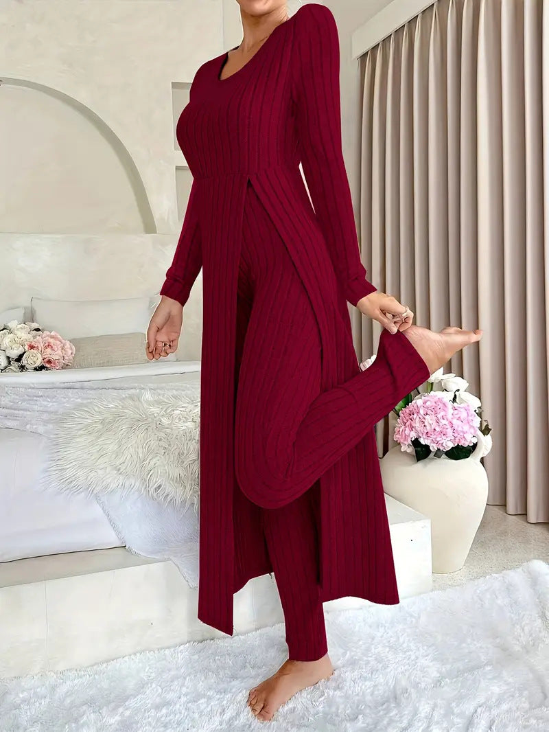 Bridget Murray | Ensemble coordonné avec cardigan long et pantalon en maille côtelée