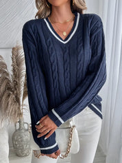 Lydia Campbell | Navy Cable Knit V-Neck Sweater
