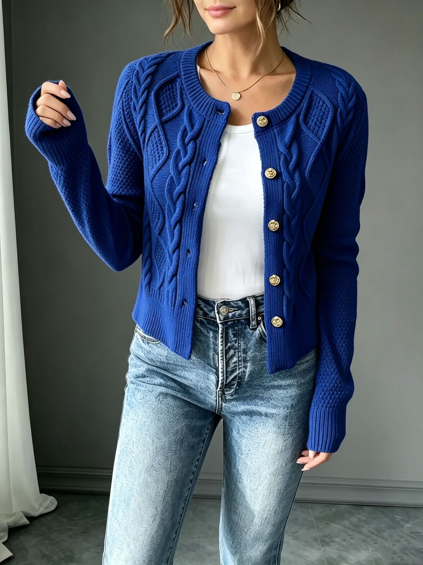 Beatrix Blackwood | Navy Cable-Knit Button Cardigan