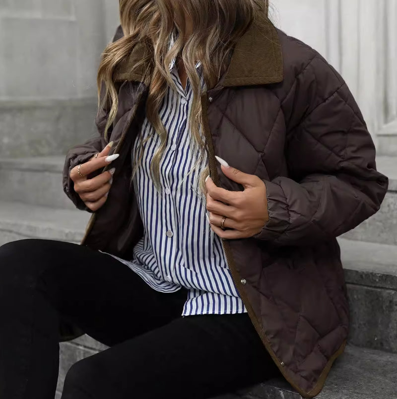 Matilda Evans | Quilted Diamond-Stitch Coat with Contrast Lapel Collar