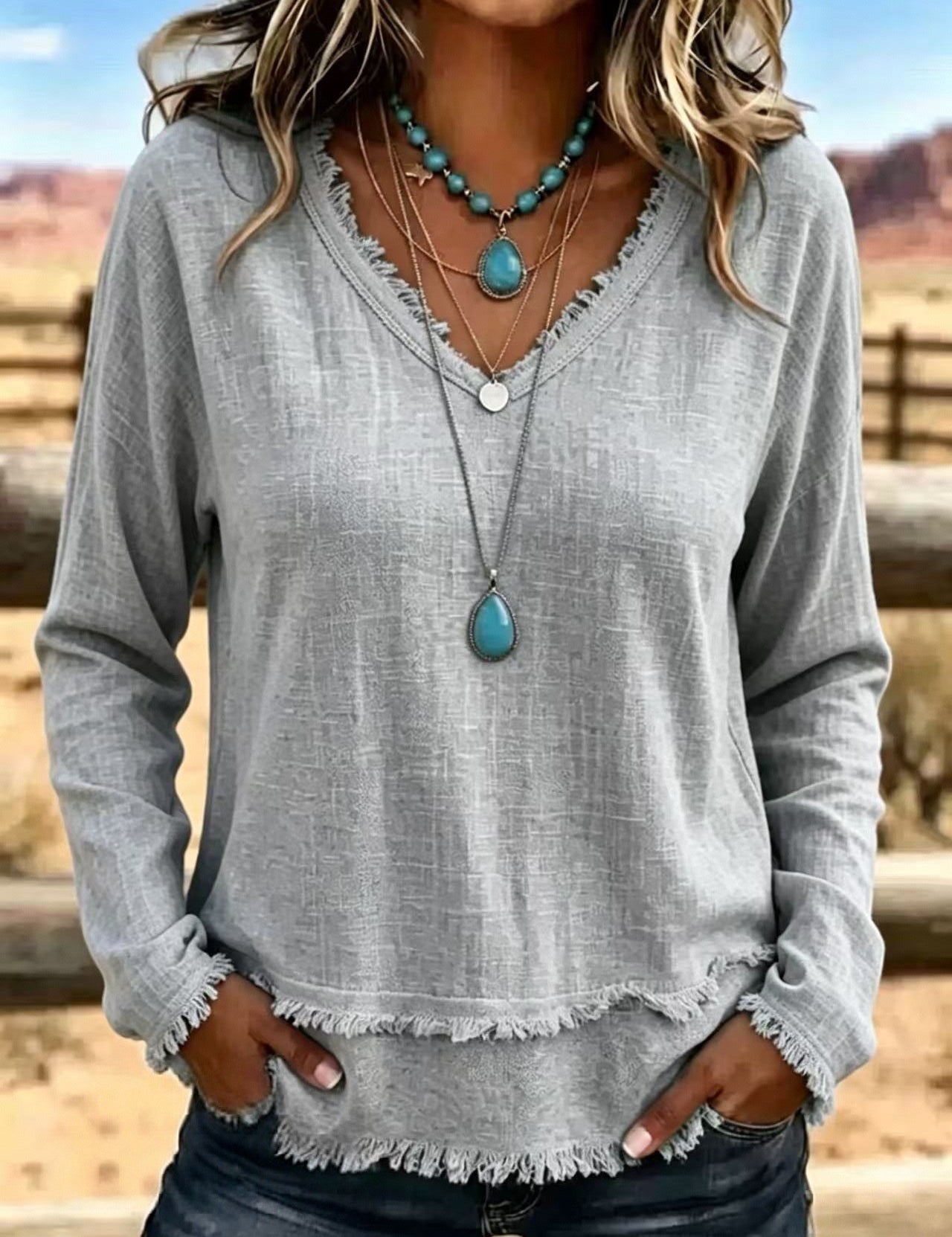Susannah Fairweather | Pink Frayed-Edge V-Neck Top