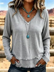 Susannah Fairweather | Pink Frayed-Edge V-Neck Top