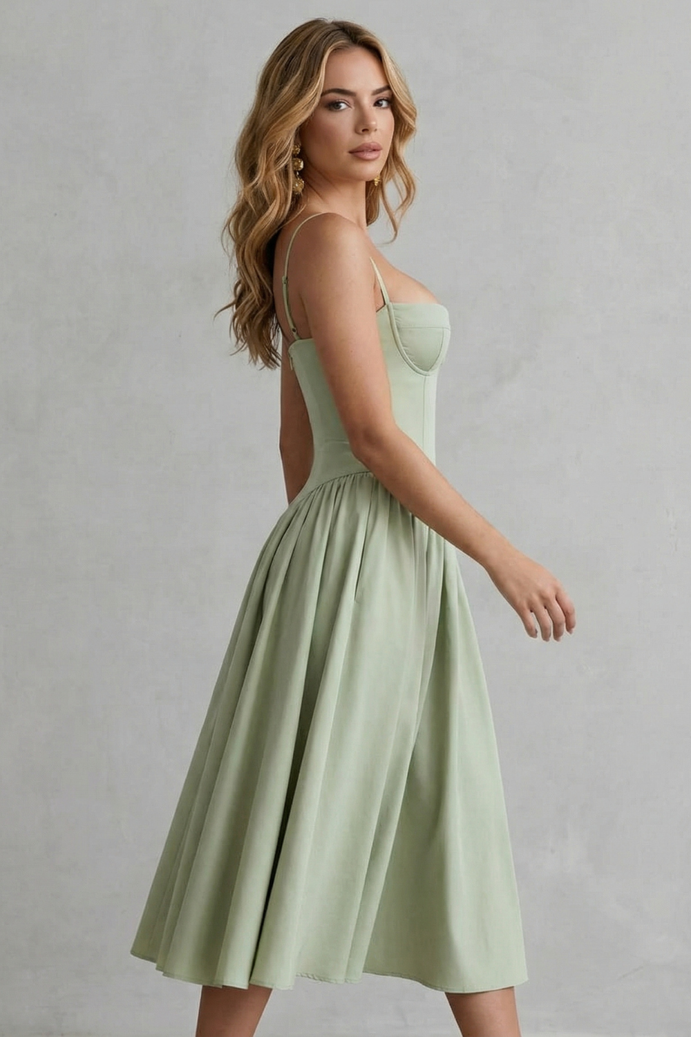 Imogen Hall | Sage Green Corset Midi Dress with Pleated Skirt