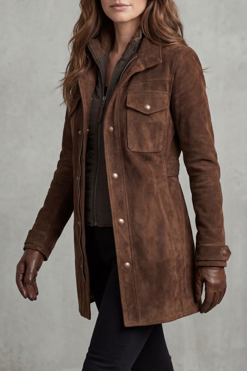 Georgina Cooper | Longline Suede-Effect Coat in Rich Brown
