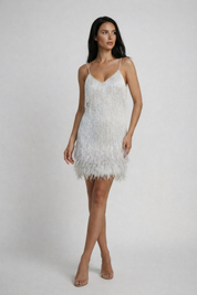 Phoebe Harrison | Emerald Sequin Feather Trim Mini Dress