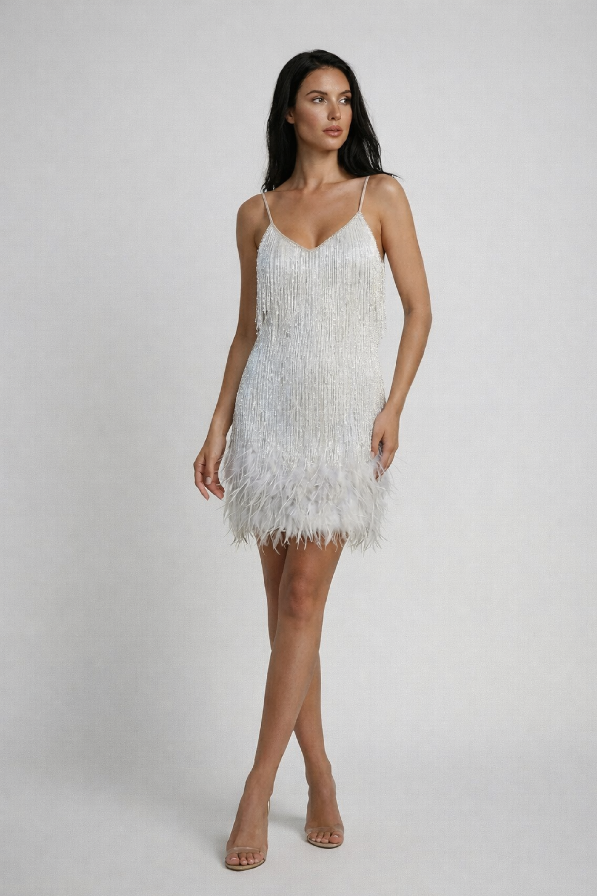 Phoebe Harrison | Emerald Sequin Feather Trim Mini Dress