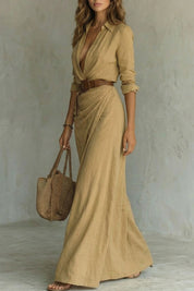 Elowen Harris | Deep V-Neck Belted Maxi Shirt Dress in Khaki
