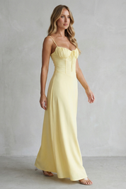 Elspeth Fairwood | Butter Yellow Corset Maxi Dress with Ruched Tie Bust