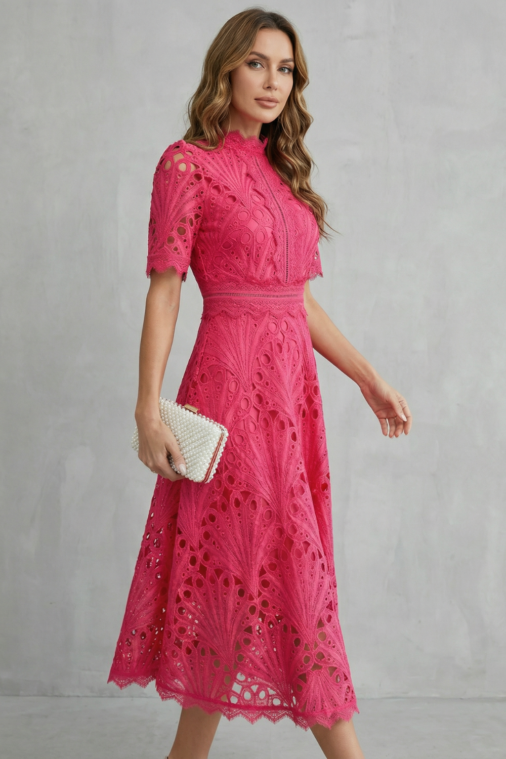 Cecily Hartwood | Hot Pink Lace High-Neck Midi Dress