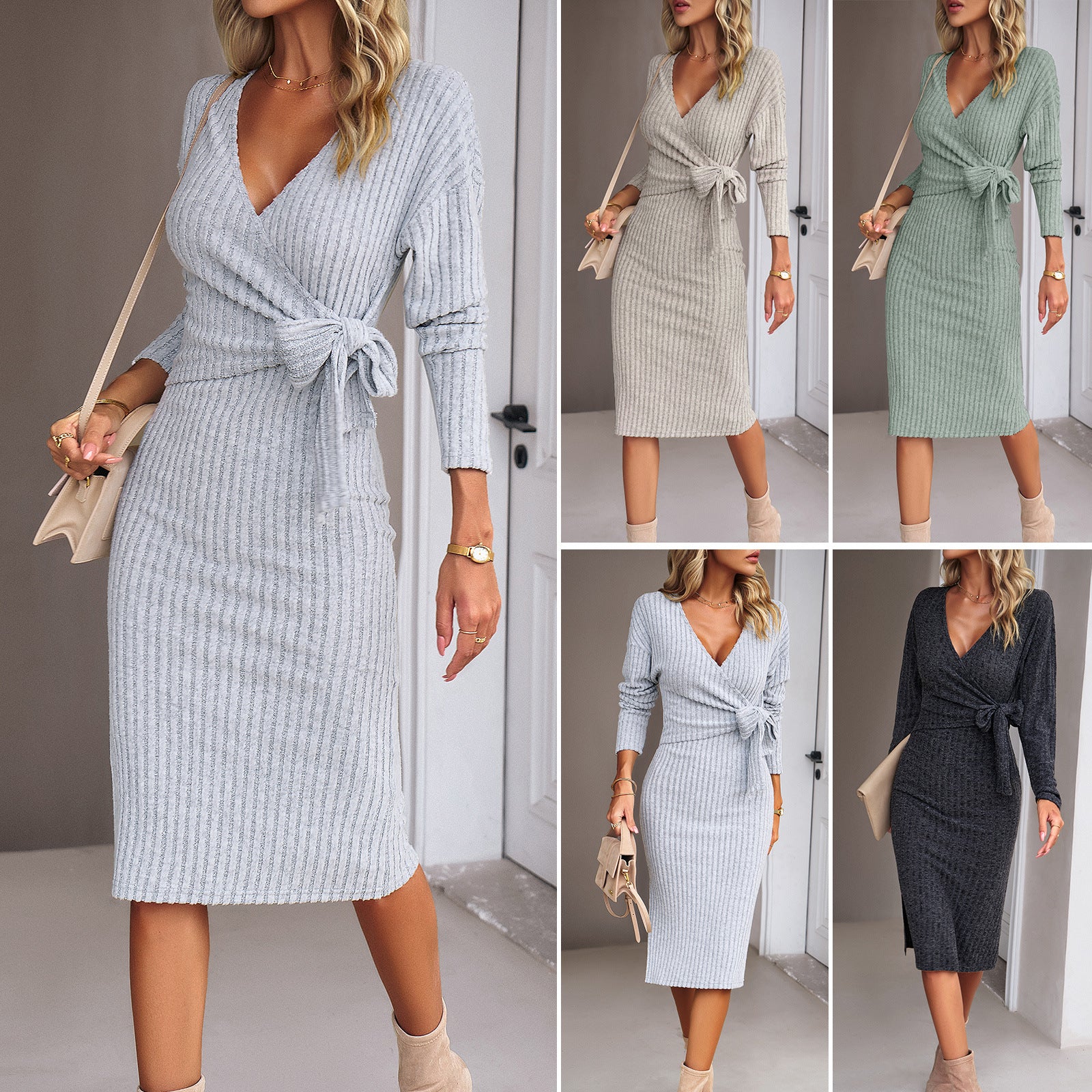 Grace Edwards | V-Neck Knit Wrap Midi Dress For Women