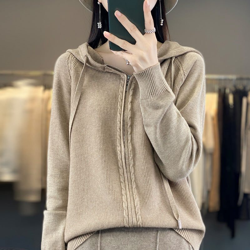 Harriet Turner | Beige Cable-Knit Zip-Up Hoodie Cardigan
