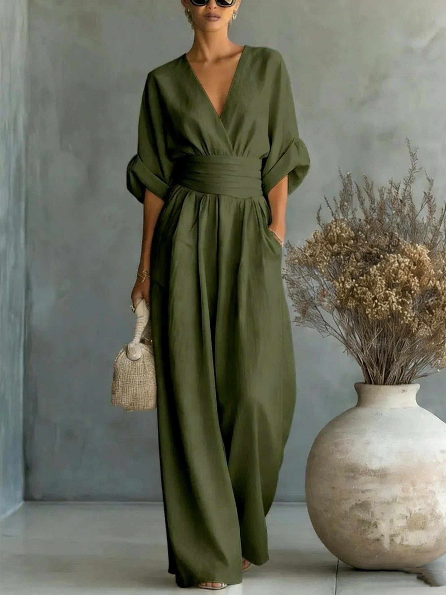 Edith Harrison | Combinaison vert olive à jambes larges, aspect lin