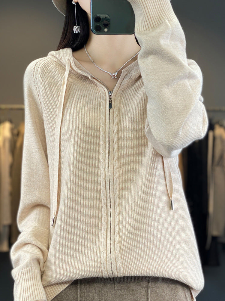 Harriet Turner | Beige Cable-Knit Zip-Up Hoodie Cardigan