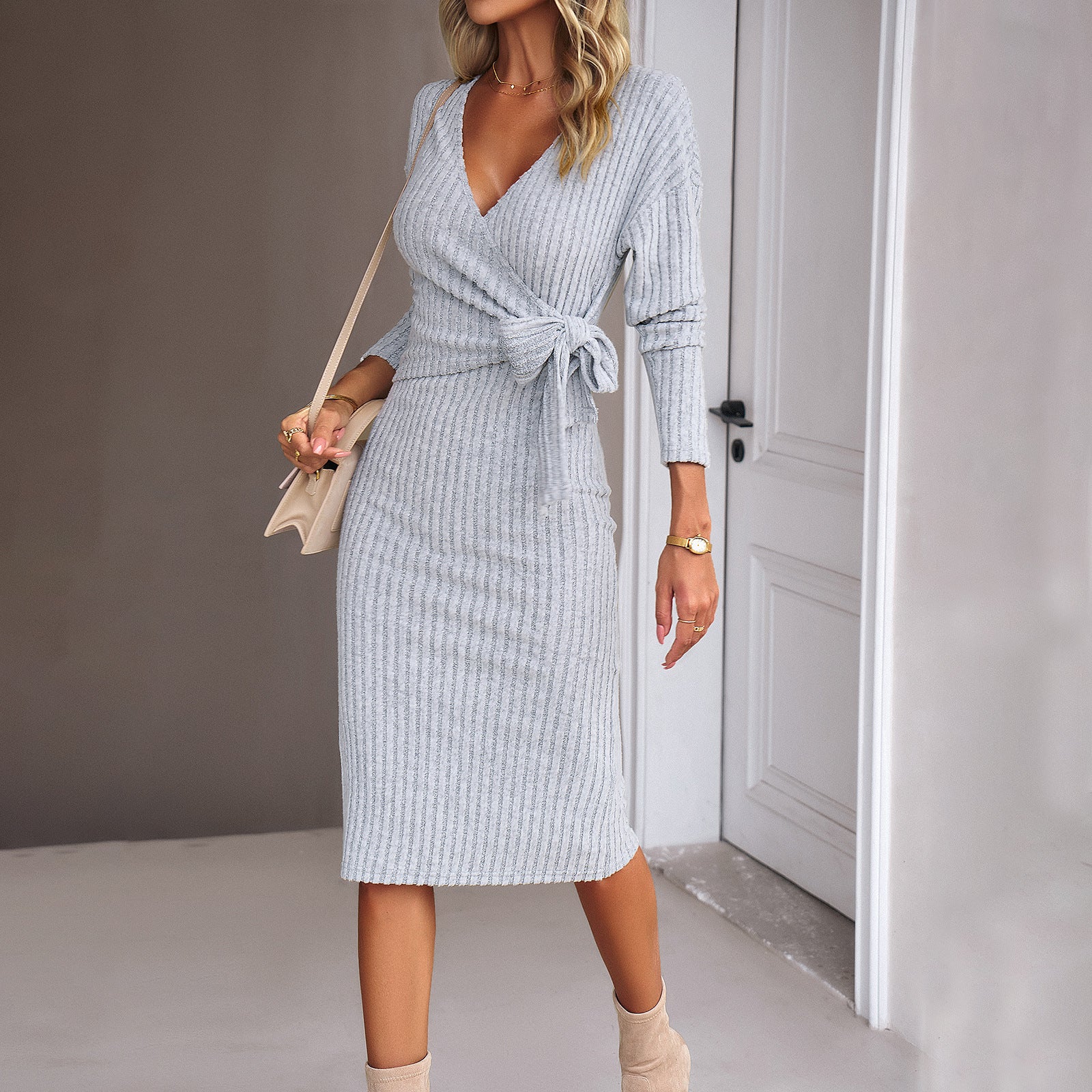 Grace Edwards | V-Neck Knit Wrap Midi Dress For Women