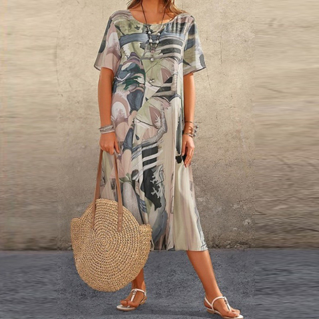 Daisy Morgan | Abstract Print Midi Dress with Short Sleeves