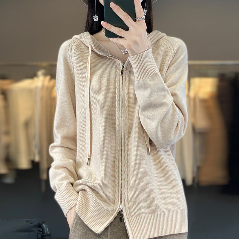 Harriet Turner | Beige Cable-Knit Zip-Up Hoodie Cardigan