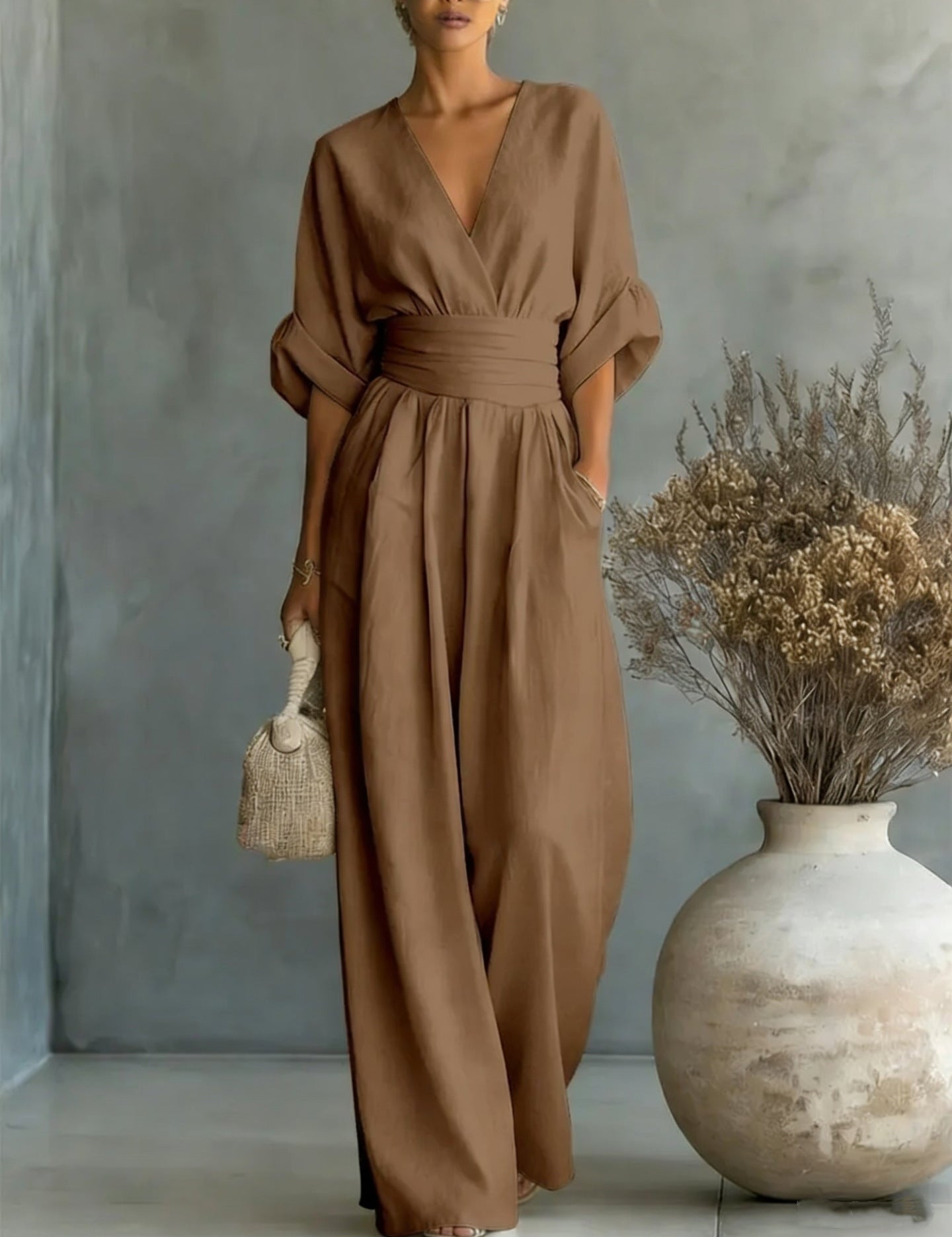 Edith Harrison | Olive Green Linen-Look Wide-Leg Jumpsuit