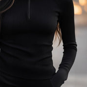 Olivia Thomas | Ribbed Zip Turtleneck Knit Top