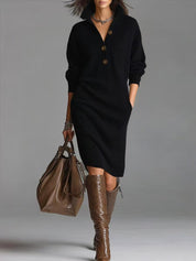 Emma Roberts | Ribbed Knit Midi Dress With Button Collar