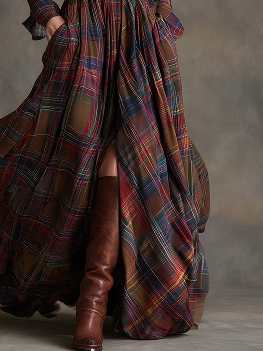 Cecily Hartwood | Robe-chemise longue à carreaux tartan verts avec ceinture