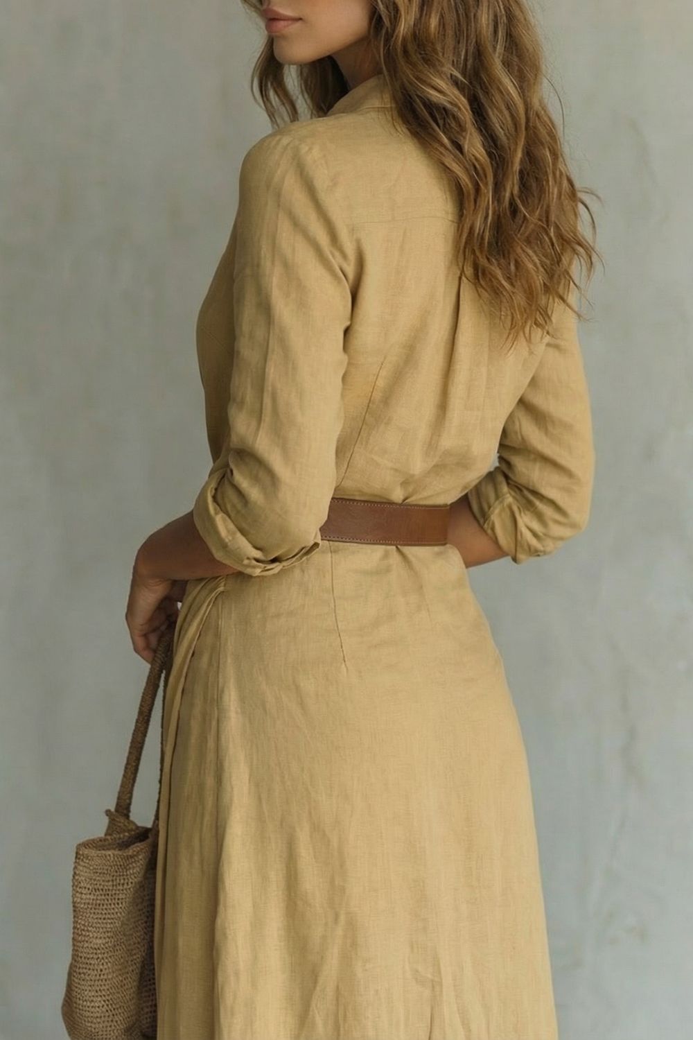 Elowen Harris | Deep V-Neck Belted Maxi Shirt Dress in Khaki
