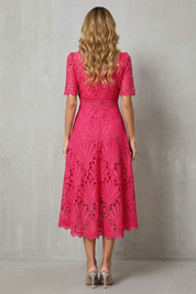 Cecily Hartwood | Hot Pink Lace High-Neck Midi Dress