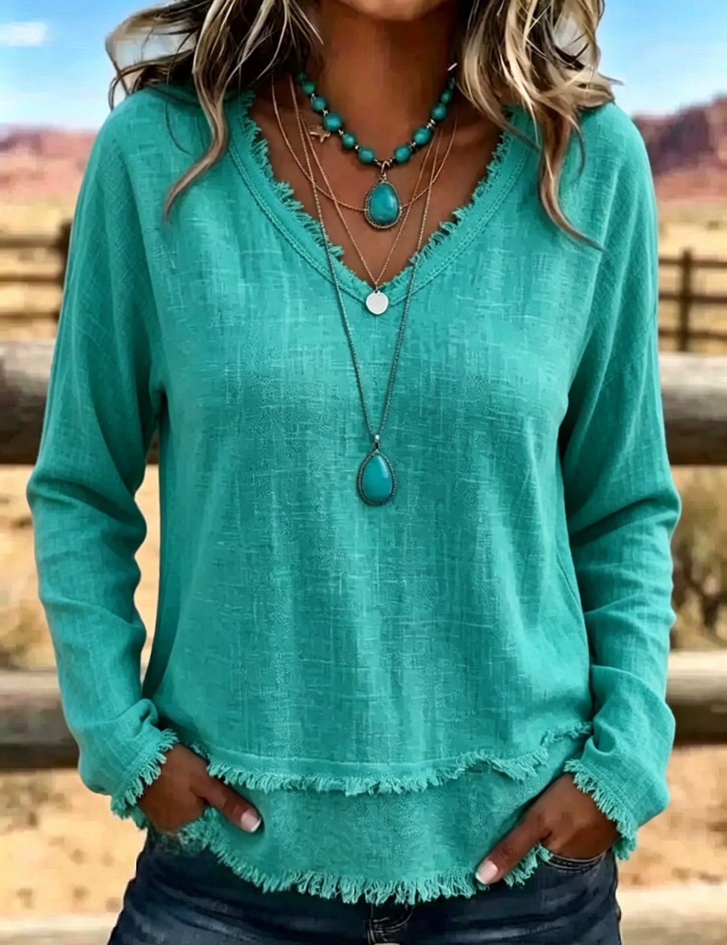 Susannah Fairweather | Pink Frayed-Edge V-Neck Top
