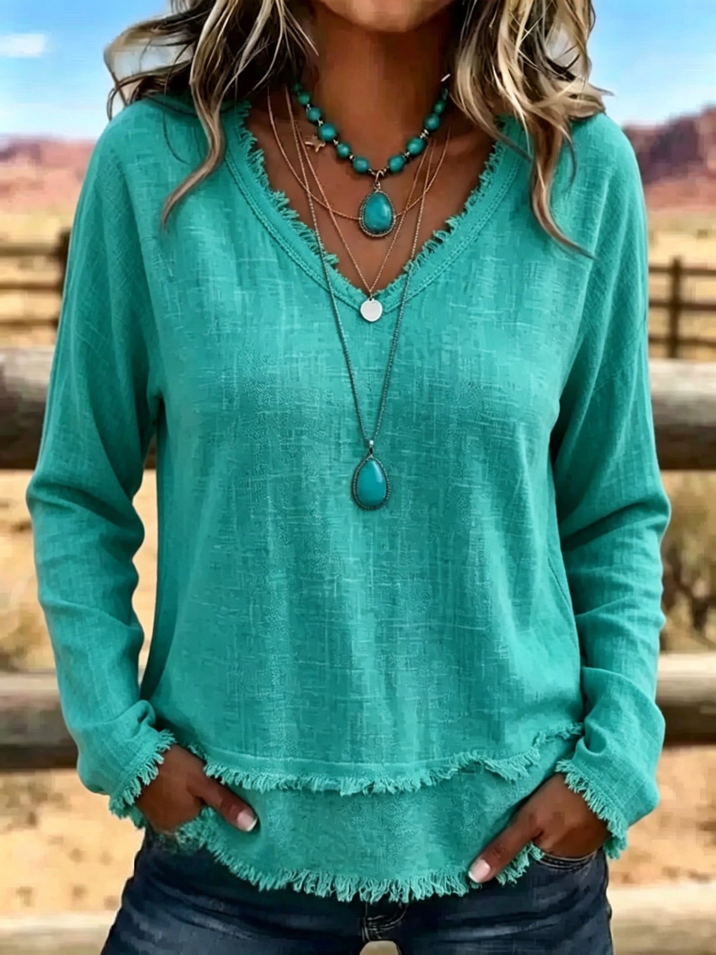 Susannah Fairweather | Pink Frayed-Edge V-Neck Top