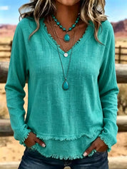 Susannah Fairweather | Pink Frayed-Edge V-Neck Top