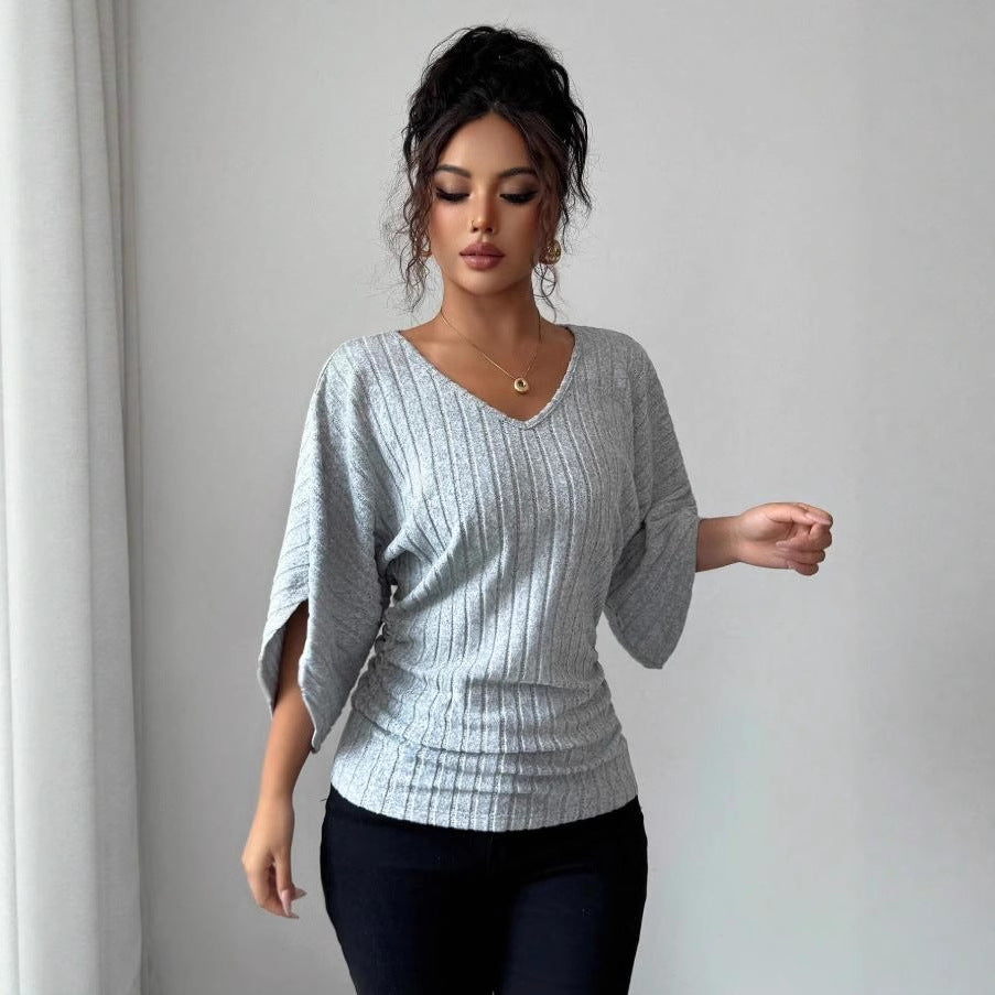Emma Smith | Ribbed Knit V-Neck Batwing Sleeve Top