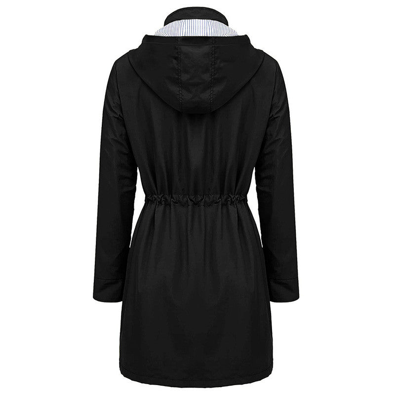 Grace Harrison | Hooded Drawstring Raincoat in Black, Khaki & Navy