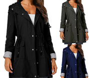 Grace Harrison | Hooded Drawstring Raincoat in Black, Khaki & Navy
