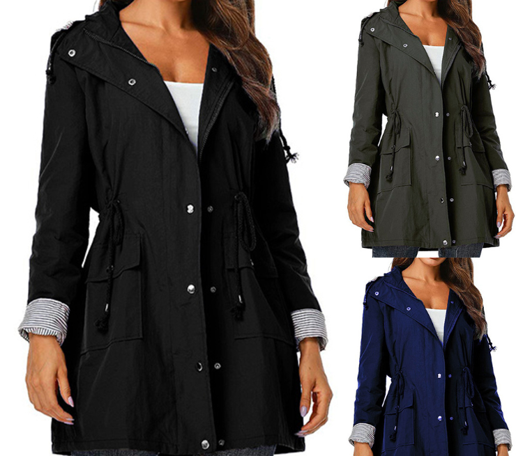 Grace Harrison | Hooded Drawstring Raincoat in Black, Khaki & Navy