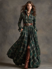 Cecily Hartwood | Robe-chemise longue à carreaux tartan verts avec ceinture