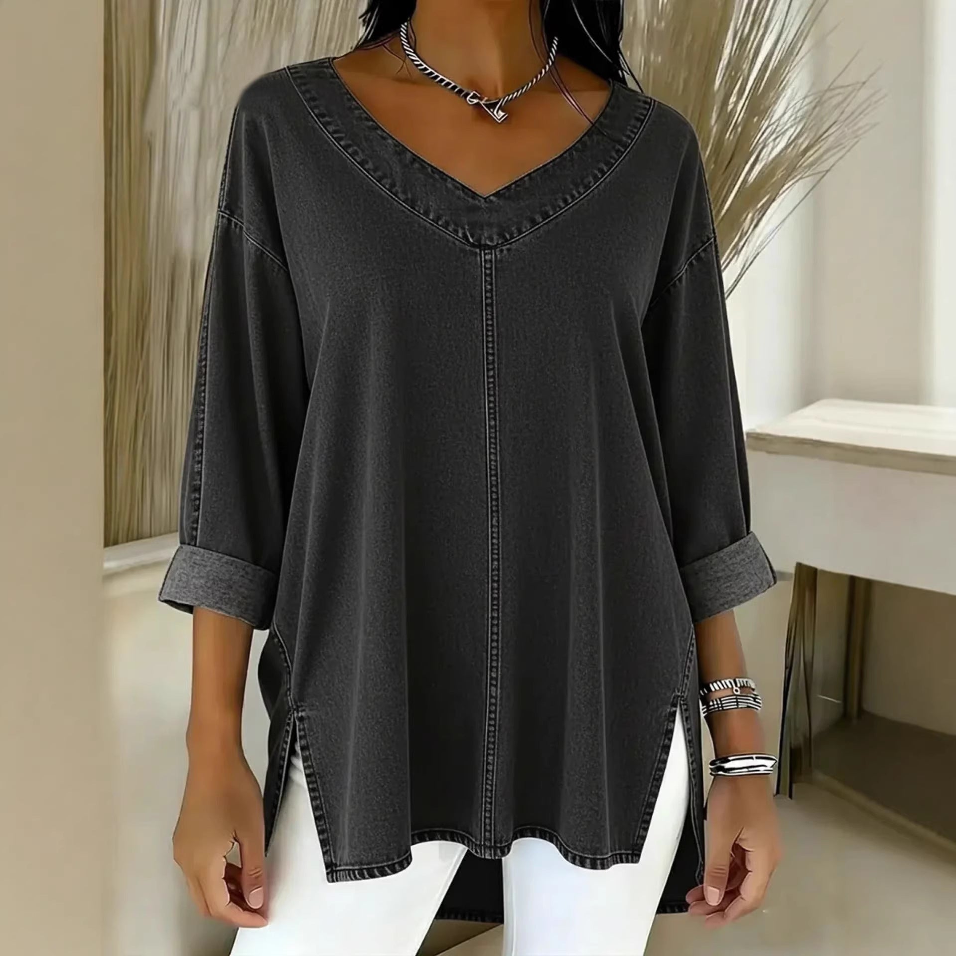 Amelia Kensington | Denim V-Neck Blouse For Women