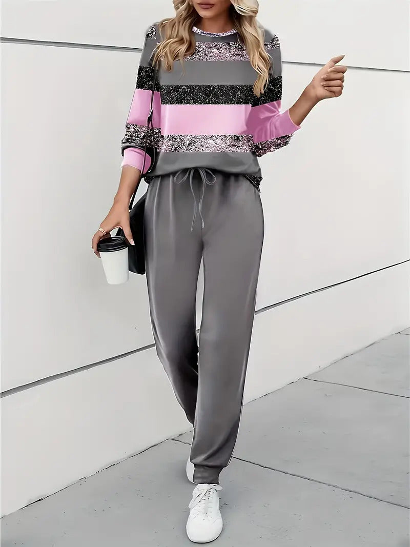 Edith Hall | Ensemble haut à sequins rayés et pantalon jogger