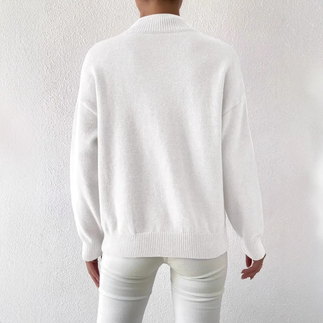 Genevieve Harding | White Ribbed Mock Neck Knit Sweater