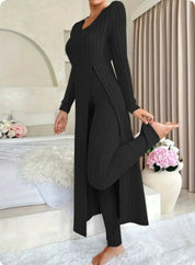 Bridget Murray | Ensemble coordonné avec cardigan long et pantalon en maille côtelée