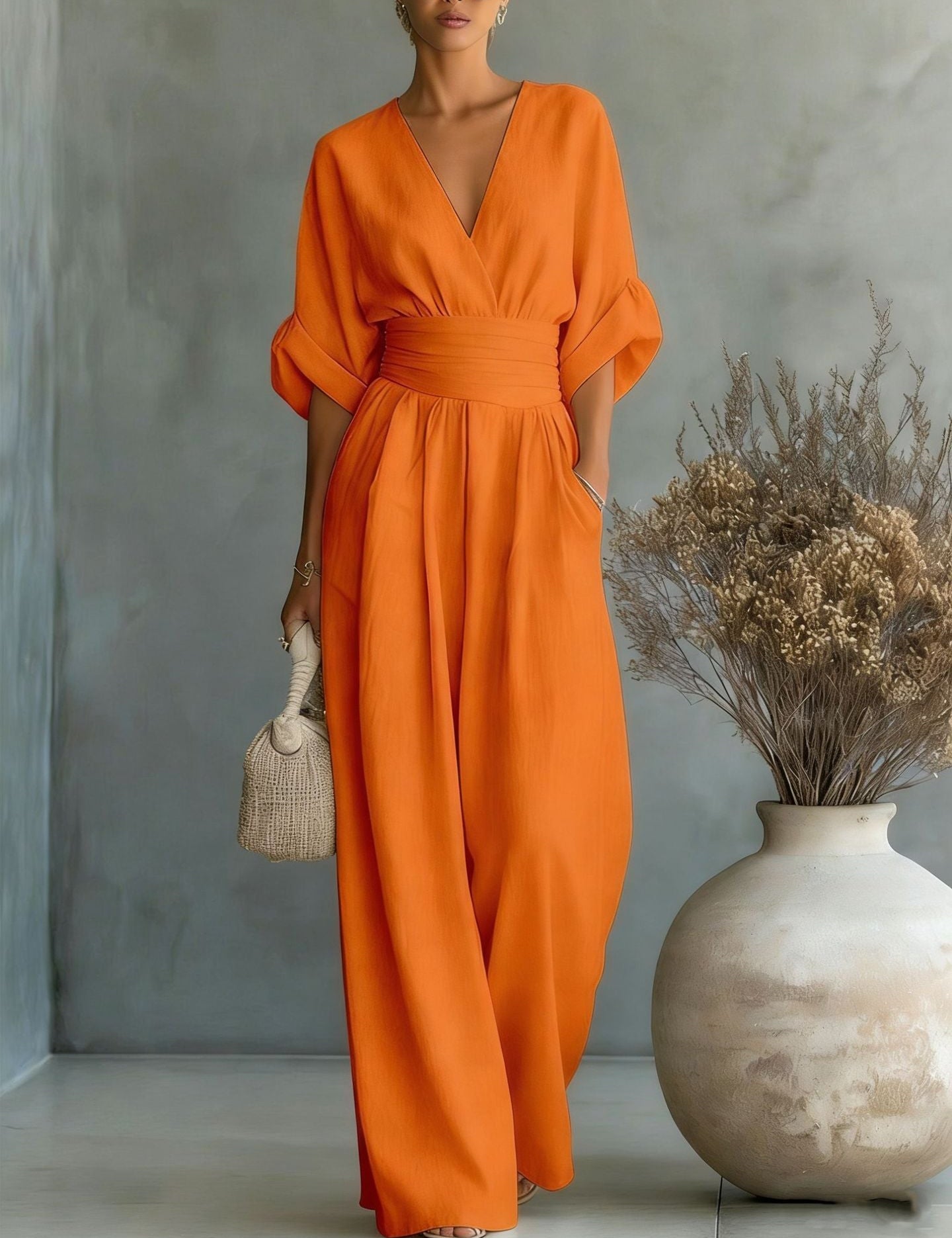 Edith Harrison | Olive Green Linen-Look Wide-Leg Jumpsuit